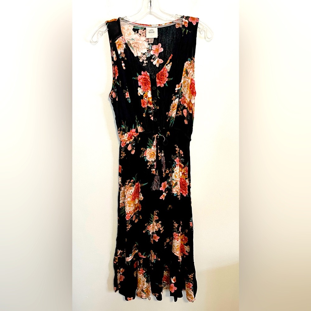Knox Rose Sleeveless Midi Dress Black with Pink Floral. Drawstring Waist. Sz XS